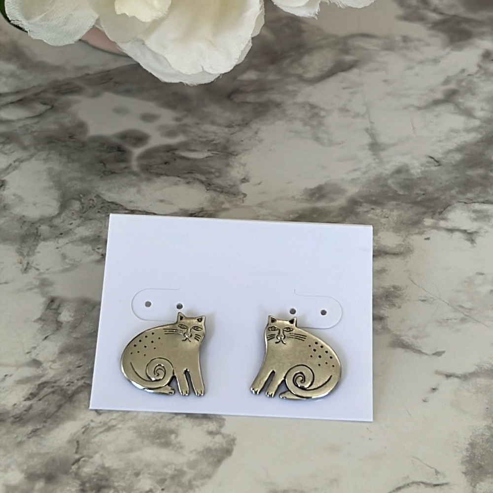 Vintage 70’s Laurel Burch Cheshire cat silver toned pierce earrings
